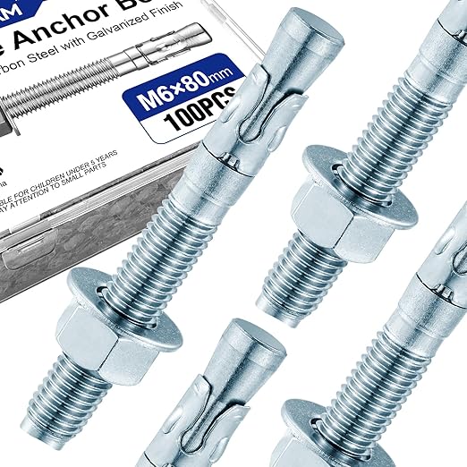 100Pcs 1/4" × 3-1/8" Concrete Anchor Bolts, Zinc Plated Carbon Steel Wedge Anchors for Cement, Brick, and Masonry