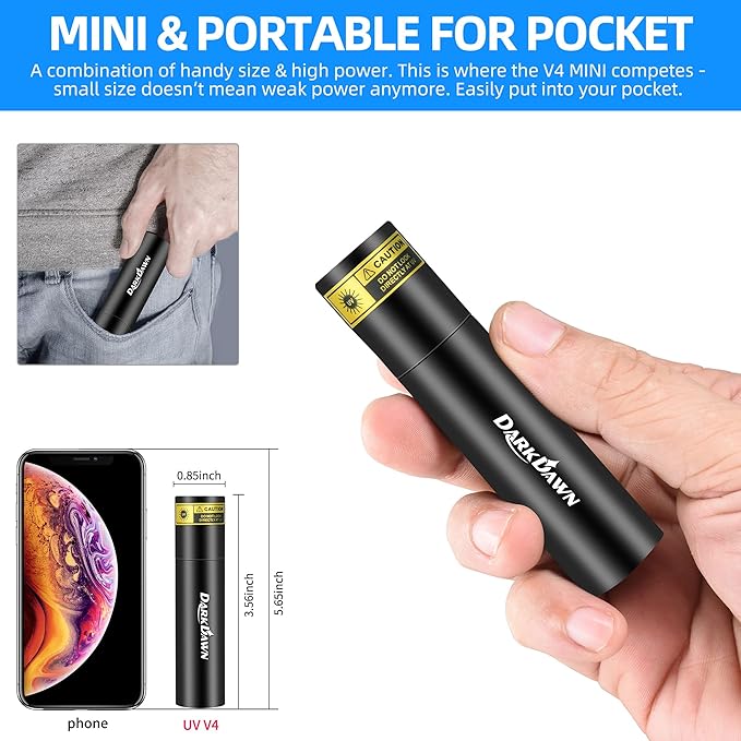 DARKDAWN UV 365nm Black Lights Mini Flashlight USB Rechargeable, Woods Lamp Portable LED Ultraviolet Pocket 370nm - Blacklight for Cat Urine Detection, Stains, Uranium Glass, Leak Detection, V4 365 nm
