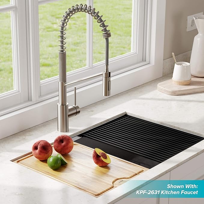 KRAUS Kore Workstation 30-inch Undermount 16 Gauge Stainless Kitchen Sink, Single Bowl Kitchen Sink with 3/4 HP Garbage Disposal, KWU110-30-100-75MB