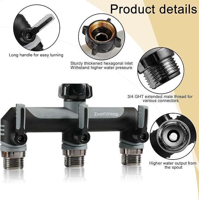Full Flow Heavy Duty 3 Way Hose Splitter, Rugged Garden Faucet Adapter, Spout Diverter T - Way Adapter with Extended Handle, 3/4” GHT Thread, Grey