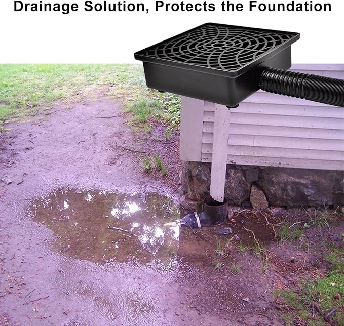 Catch Basin Gutter Downspout Extensions, 12"×12" Low Profile Catch Basin Downspout Extender with 2" ID Flexible Pipe, No Deep Dig Needed, Rainwater Diverter, Pipe Stretched Length 8.2ft