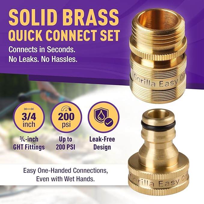 Gorilla Easy Connect Garden Hose Quick Connect Fittings ¾ Inch GHT Solid Brass Leak Proof to 200 PSI Heavy Duty