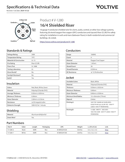 Voltive 16/4 Shielded Riser - CL3R Rated - Bare Copper - 500 Foot Box - Black