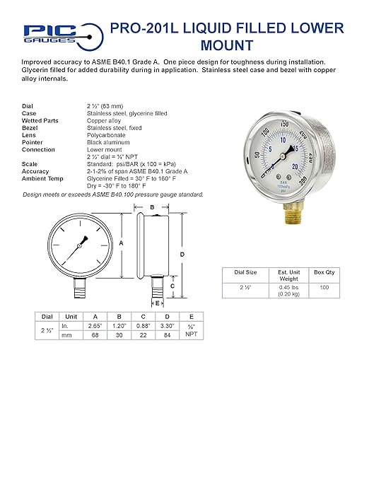 PIC Gauges PRO-201L-254J 0-500 PSI Pressure Gauge, 2 1/2" Dial, 1/4" Male NPT Connection, Bottom Mount, Dual Scale, Glycerin Filled, Stainless Steel Case/Bezel, Brass Internals & Plastic Lens