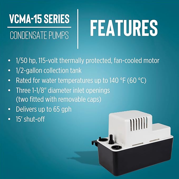 Little Giant VCMA-15UL 115 Volt, 65 GPH, 1/50 HP Automatic Condensate Removal Pump for HVAC/Refrigeration Systems/Dehumidifiers (no safety switch), 6-Foot Cord, Black/White, 554401