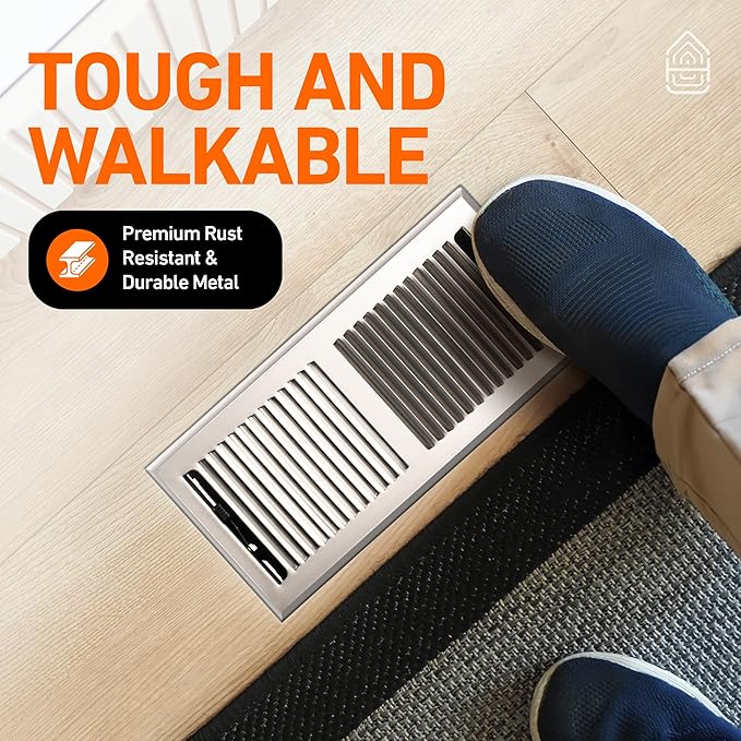 Home Intuition Contemporary Floor Vent Covers 4X14 Inch Floor Register with Mesh Cover Trap Heat and Air Walkable Metal Floor Vent for HVAC Duct, Satin Nickel