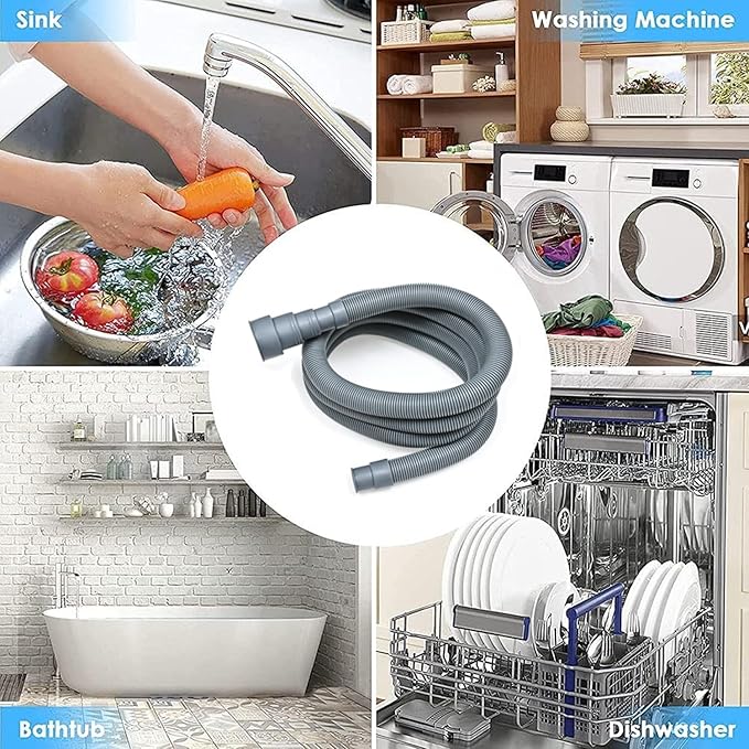 Washer Drain Hose, 8Feet Flexible Washing Machine Drain Hose Universal Dishwasher Hose Extension Kits Corrugated Washer Hoses W/ 1 Hose 4 Clamps 1 U-Bend Holder