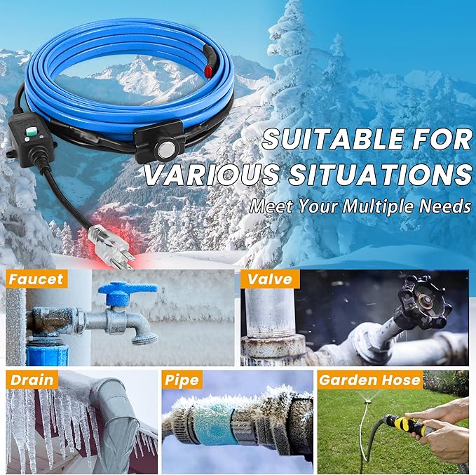 40ft Heat Tape for Water Pipes with Thermostat, for Pipe Freeze Protection, Self-Regulating Heating Cable, Keeps Water Flowing at -40°F, 120V,5W/ft,Pipe Heater for Home,Roof,Outdoor