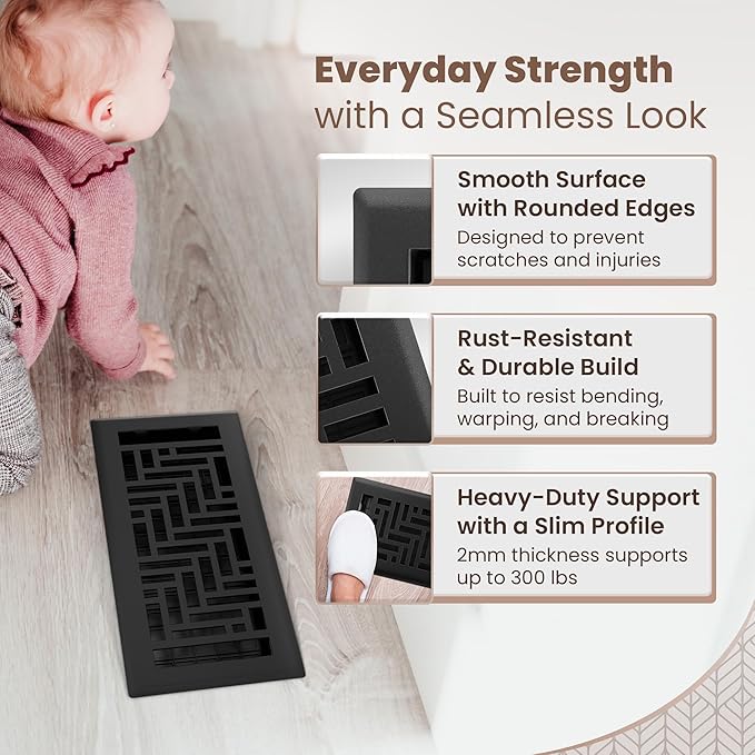Floor Register 4x10 Vent Cover – 8 Pack – Heavy-Duty Steel, Rustproof & Walkable Grates, Drop-in Install, Adjustable Air Supply Switch - Decorative Herringbone Design, Textured Black