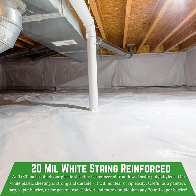 Farm Plastic Supply - Crawl Space Vapor Barrier - 20 mil - White Heavy Duty Plastic Sheeting - Thick Polyethylene Film, Drop Cloth Vapor Barrier Covering for Crawlspace and Basement (12' x 50')