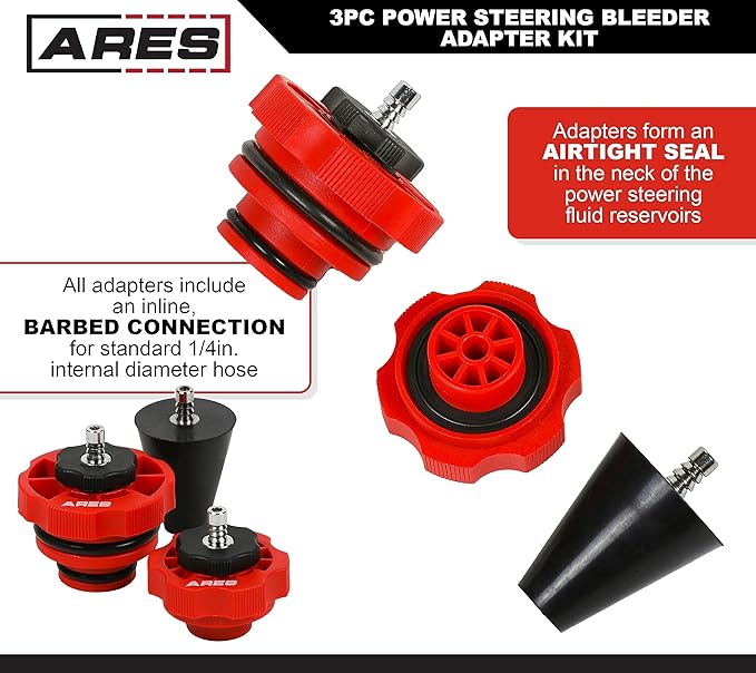 ARES 18069 – 3-Piece Power Steering Adapter Kit – Adapters for Manual Vacuum Pumps Easily Purge Air from Power Steering System on Most Standard Vehicles