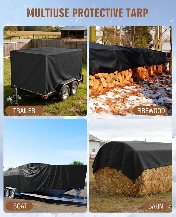 HIRALIY 20 Mil Heavy Duty Waterproof Tarp, 20x30ft Black Tarpaulin with Reinforced Webbing Loops, Multipurpose Oxford Fabric Tarp for Firewood, Roof, Camping, Pool