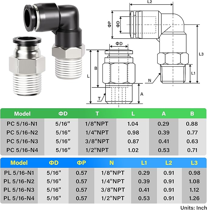 TAILONZ PNEUMATIC Elbow and Straight Combination 5/16 Inch Tube OD x 1/8 Inch NPT Thread Push to Connect Fittings PC-5/16-N1+PL-5/16-N1(Pack of 4)