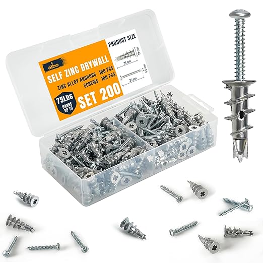 ALBO #6 Zinc Self-Drilling Drywall Anchors, 200PC Set – Includes 100 Heavy Duty Sheetrock Anchors & 100#6 x 1-1/4'' Screws – 75LB Capacity for Hanging and Mounting