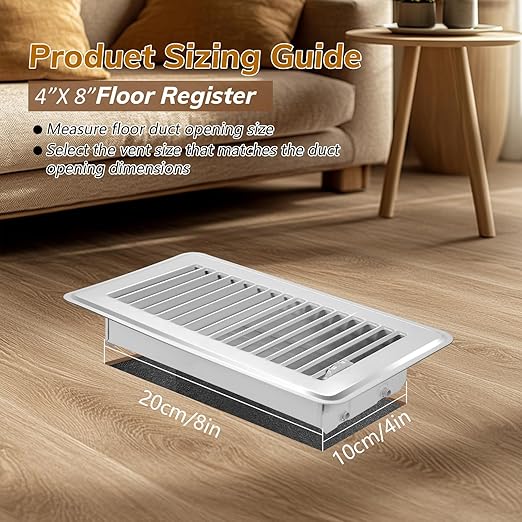 4Pcs Floor Vents Floor Registers 4x8 Inch, Heavy Duty Metal Hot Air Vent Covers 4x8 Inch with Rust-Proof Finish for Home Heater Floor Vent Grilles and Vents (4, White, 4x8 Inches)