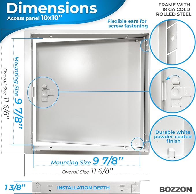BOZZON Access Panel for Drywall 10 x 10 inch – Metal Door with Screwdriver Latch, 18 GA Steel Frame, Wall Hole Cover, Plumbing Access Door, White