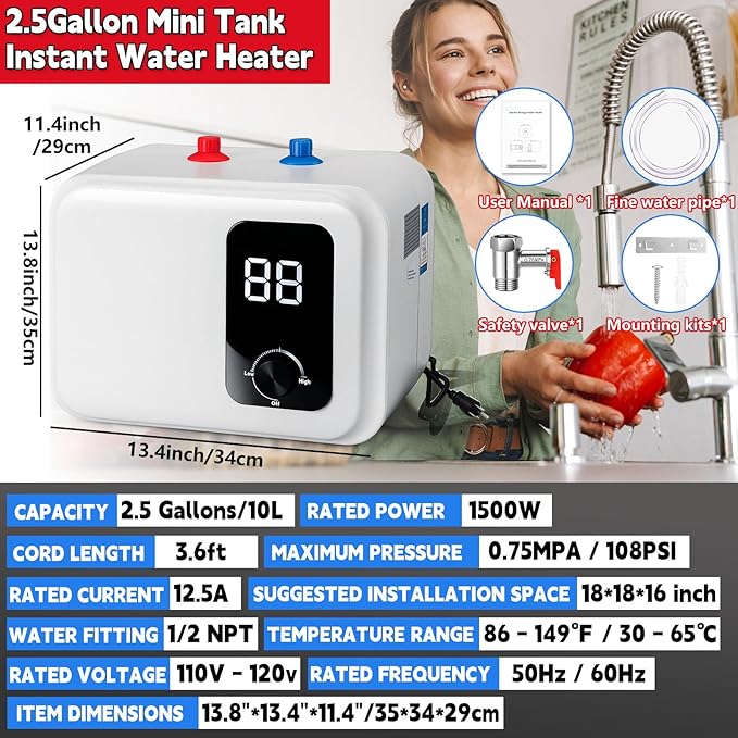 2.5 Gallon Mini Tank Water Heater, 110V-120V 1500W Electric Hot Water Tank with Safety Valve, 1/2" NPT, Compact Under Sink Water Heater for Bathroom, RV, Camper, Kitchen (White)