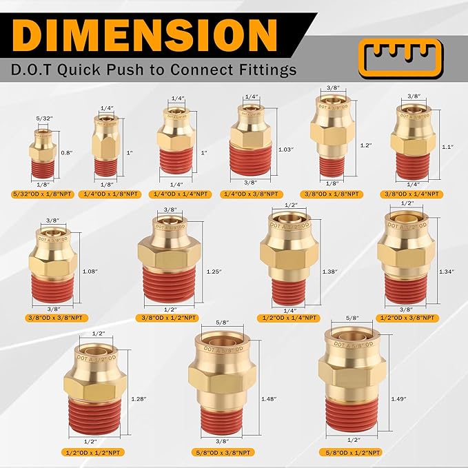 5PCS Quick Push to Connect Fittings, Brass Union Straight DOT Approved 1/4" Tube OD x 1/4" NPT Thread Air Line Adapter for Truck Trailers and Air Brake System