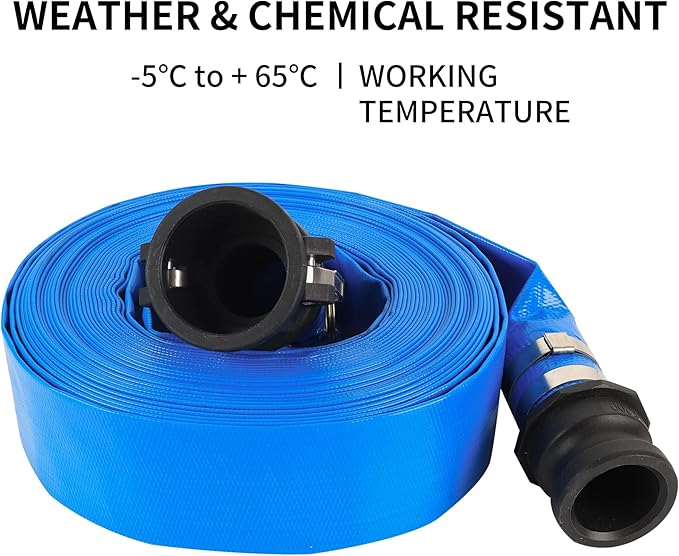 2" x 50FT Blue Discharge Hose with Camlock C and E Fittings, Reinforced PVC Lay Flat Backwash Hose Assembly, Weather and Burst Resistant, Ideal for Sump Pump Hose Pool Drain or Backwash