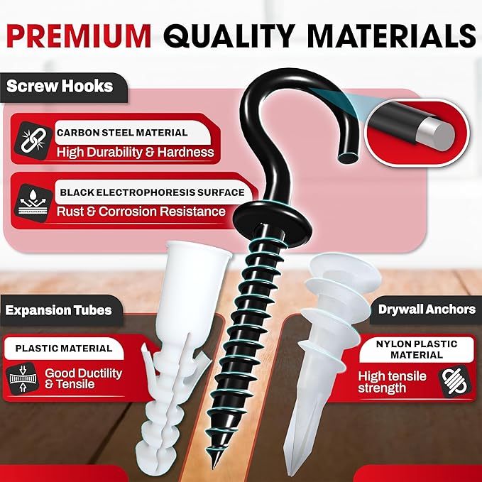 [Upgraded] 25 PCS Screw Hooks with Self-Drilling Drywall Anchors, Plastic Expansion Tubes Included, Heavy Duty Eye Hook, Screw in Hook for Hanging Plants, String Lights, Cup, Key