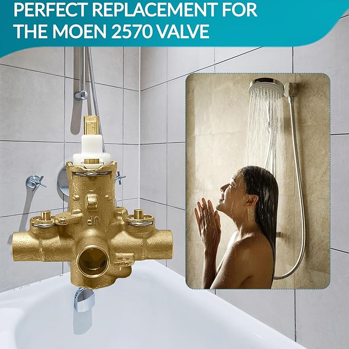 2570 Shower Valve, Pressure Balancing Cycling 4 Port Tub and Brass Shower Valves with Stops Replacement for Moen 2570-1/2 Inch CC Connections, For moen Trim Kit, Includes 1222 cartridge