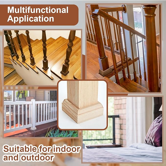 Blulu 2 Set 3-1/2" Newel Post Mounting Kit 8 Pcs L Bracket Metal Post Anchor with 8 Pcs Red Oak Wood Trim Deck Base Fasteners for Fastening Handrails Balustrades to Stairs and Floors
