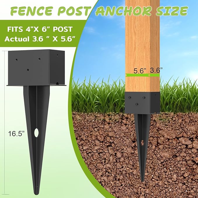 4 Pcs 4"x 6" Fence Post Anchor Ground Spike, 16.5" Heavy Duty Metal Fence Stake Post Bases (Inner Size 3.6"x5.6") with Black Powder Coated for Fence, Deck, Railing, Mailbox and Porch