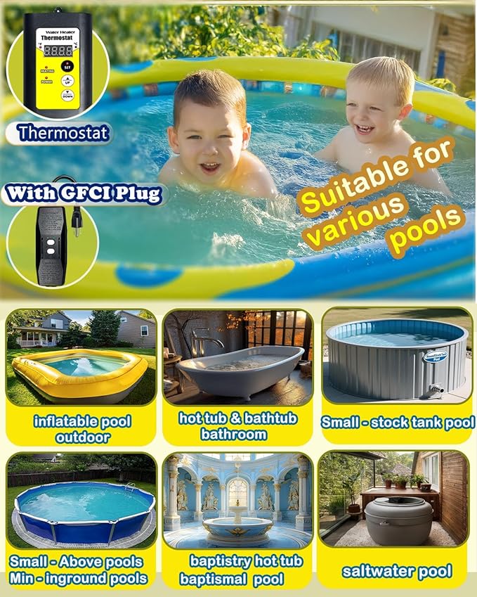 1500W Baptistry Heater for Baptisma Pool&Bathtub, Water Heaters for Hot Tub with Thermostat, 120V Extra Submersible Baptism Stock Tank/Inflatable Pool/Small Above Ground Pools Heaters
