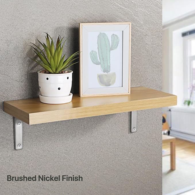 SAYAYO Heavy Duty Floating Shelf Brackets 6 Inch x 5 Inch, Stainless Steel Wall Shelf Brackets & Supports Brushed Nickel L Bracket, Angle Bracket Corner Brace for Wood, 4Pcs