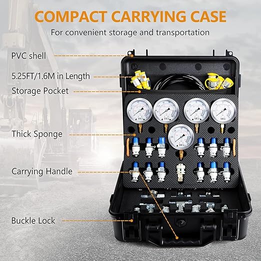 Hydraulic Pressure Test Kit，600bar /8700psi / 60mpa 5 Gauges 13 Test Couplings 14 Tee Connectors 5 Test Hoses, Hydraulic Gauge Kit Sturdy Carrying Case for Excavator Construction Machinery Ships Mine