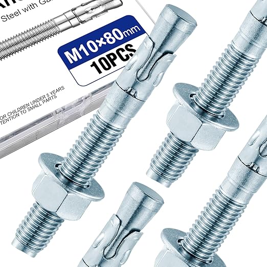 10Pcs 3/8" × 3-1/8" Concrete Anchor Bolts, Zinc Plated Carbon Steel Wedge Anchors for Cement, Brick, and Masonry