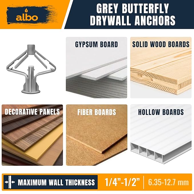 ALBO Drywall Anchor Kit Hollow Wall with Screws 100 pcs. (Grey Anchor 50pcs + Screws 50pcs) Plastic Hollow Wall Drilling Anchors