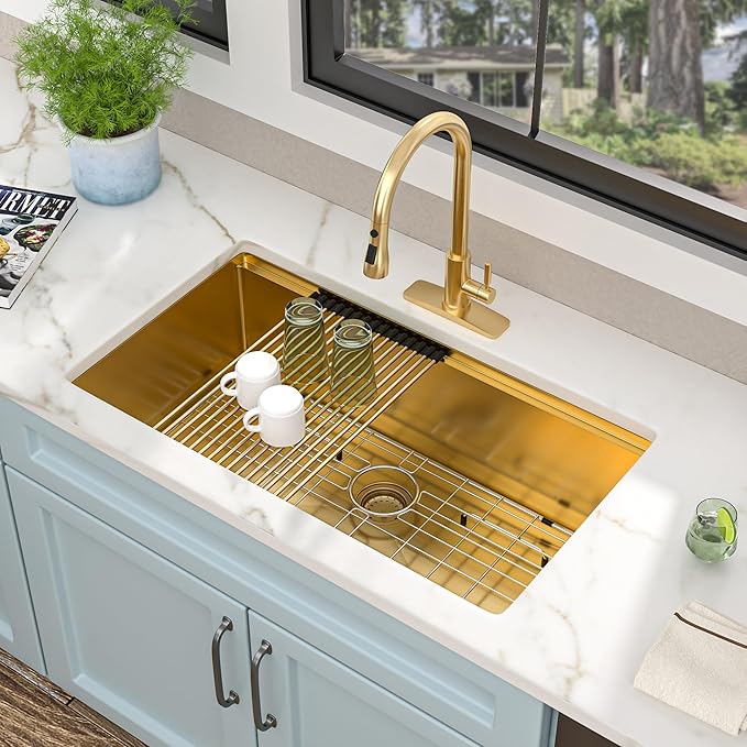 30 Undermount Kitchen Sink Gold - Fulorni 30"x19" Kitchen Sink Brushed Gold NANO-PVD Ledge Workstation 16 Gauge 304 Stainless Steel Under Counter Single Bowl Basin