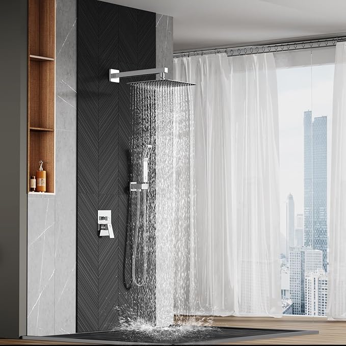 SR SUN RISE SRSH-F5043 Bathroom Luxury Rain Mixer Combo Set Wall Mounted Rainfall Shower Head System Polished Chrome, (Contain Faucet Rough-in Valve Body and Trim)
