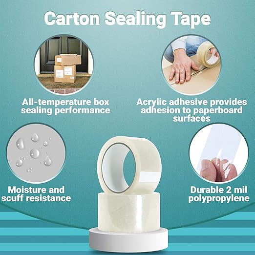 APQ 24 Rolls of Carton Sealing Tape 3” x 55 Yards. Thickness 2 Mil. 50 Micron Polypropylene Pressure Sensitive Tape for Packing, Shipping, Moving Boxes. Acrylic Adhesive. No Weathering, Yellowing.