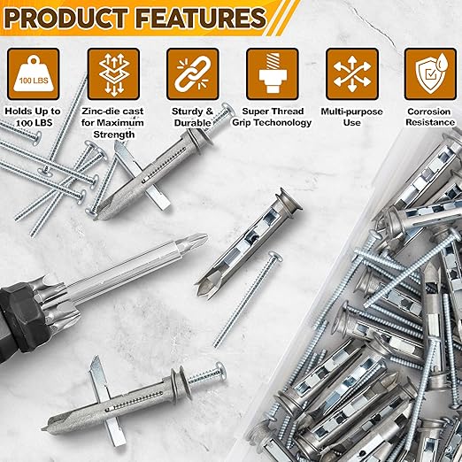 Self Drilling Ez Drywall Toggle Anchor Kit, Heavy Duty #8 Anchor with Screws - Easy Wall Ancors for Hanging and Mounting - Holds Up to 100 Lb. (5 Pack)