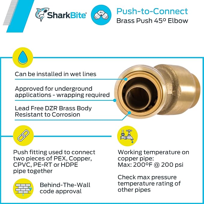 SharkBite 1/2 Inch 45 Degree Elbow, Push to Connect Brass Fitting, PEX Pipe, Copper, CPVC, PE-RT, HDPE, U648LFA