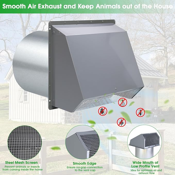 8 Inch Hooded Wall Vent with Screen and Damper, Wall Exhaust Vent Cover Cap for Exterior Ventilation and Outdoor Air Exhaust Kitchen Range Hood Dryer HVAC Duct, Galvanized Steel, Gray