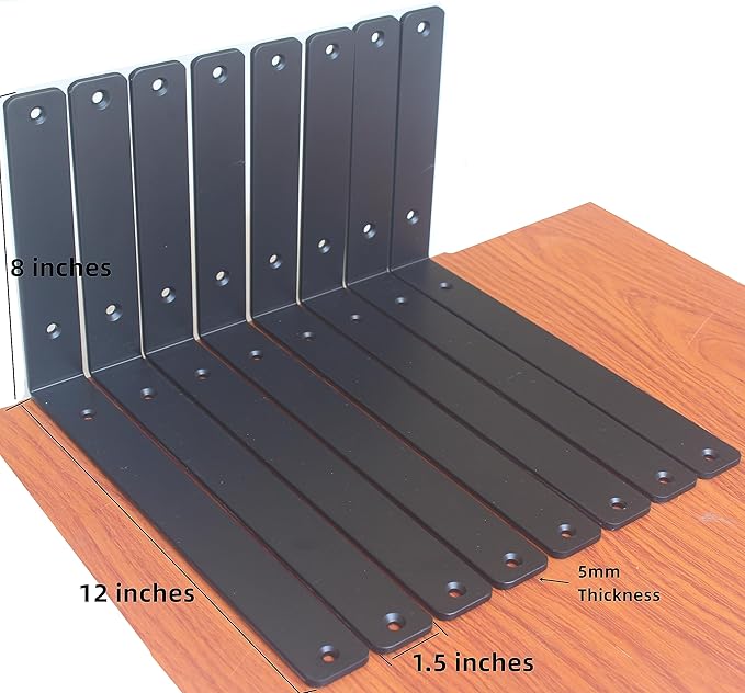 4 Pack - L 12" x H 8" x W1.5, 5mm Thick Black L Shelf Bracket, Iron Shelf Brackets, Metal Shelf Brackets, Floating Shelf, Shelf Supports with Screws