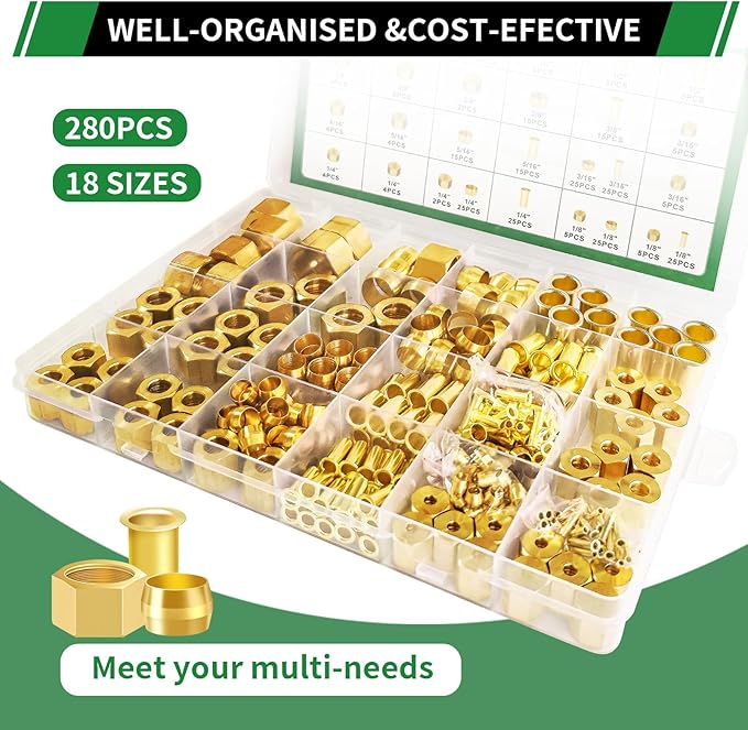 280pcs 1/2" 3/8" 5/16" 1/4" 3/16" 1/8" Brass Compression Sleeves Ferrules Inserts Nuts Fittings Assortment Kit, 6 Sizes Hose Repair Kit of Air Water Fuel Oil Gas Tube Lines
