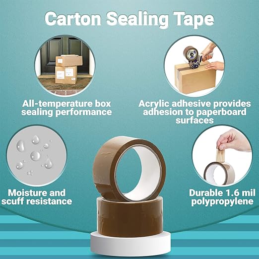 APQ 36 Rolls of Tan Carton Sealing Tape 2" x 55 yds. Thickness 1.6 Mil. Acrylic Packaging Tape for Wrapping, Packing, Shipping, Moving Boxes. Acrylic Emulsion Adhesive. No Weathering, Yellowing.