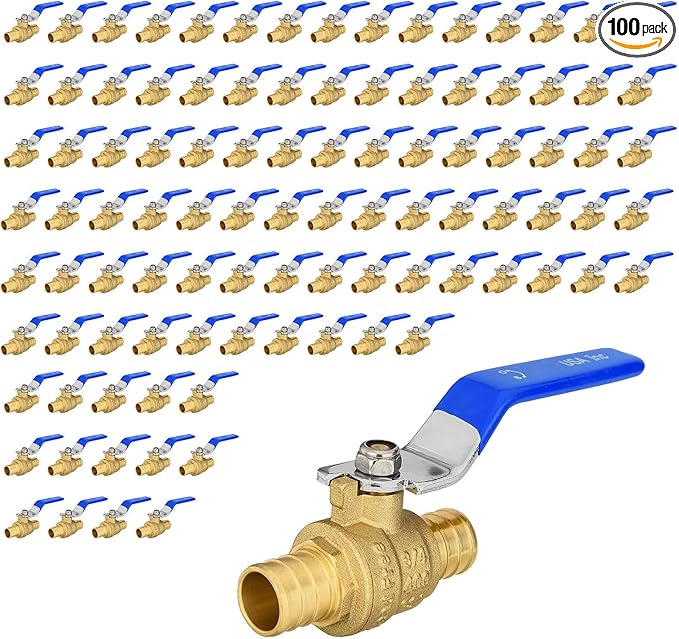 100 Pack Ball Valves, 3/4" Pex Crimp Shut Off Valve Blue, Brass Full Port Pex B Shut Off Ball Valve for Hot and Cold Water, NSF/ANSI 61 Certified