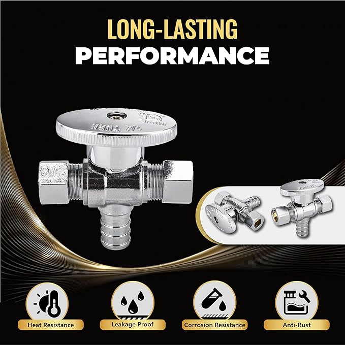 20-Pack Foskan Dual Outlet Angle Stop Valve,1/4 Turn Shut off Valve,1/2" PEX x 3/8" OD x 3/8" OD,Chrome Plated Brass