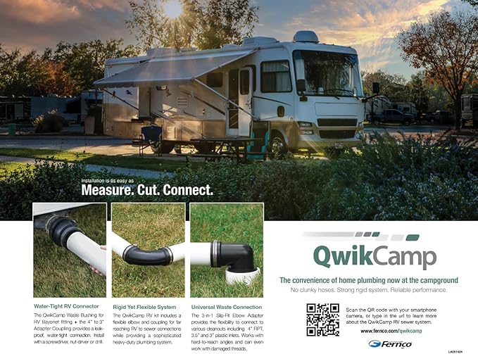 Fernco QwikCamp RV and Camper Sewer Waste Plumbing Connection System Kit with Slip Fit Coupling Adapter for 3-in. PVC Pipe and Pipe Stands in Black