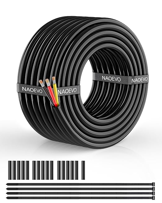 NAOEVO 18 Gauge Wire 3 Conductor Electrical Wire, 18 AWG Stranded PVC Cord, 12V Low Voltage/Tinned Copper/Flexible Cable for Automotive Wiring, Lamp Cord, Marine Cable (30FT)