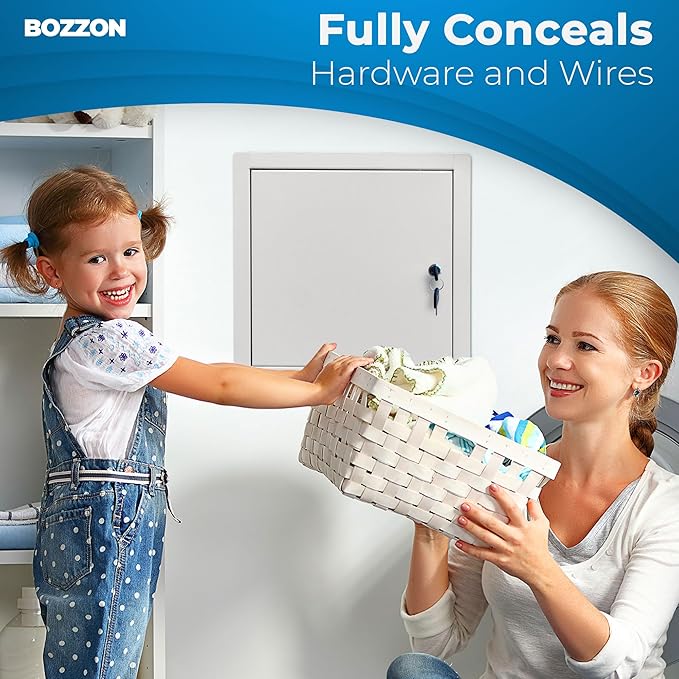BOZZON Access Panel for Drywall 12 x 12 inch – Metal Door with Key Lock, 18 GA Steel Frame, Wall Hole Cover, Plumbing Access Door, White