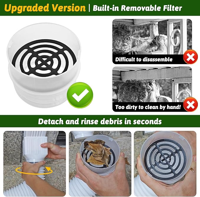 2 Pack Gutter Downspout Extensions 138" with Filter, Corrugated Flexible Gutter Pipe, Rain Diverter, Down Spout Drain Extension, Extendable from 31.5" to 138", Screws for Included, White