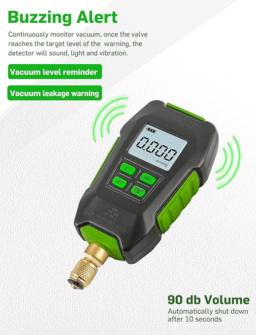 Digital Micron Vacuum Gauge 1/4" SAE, Digital Pressure Tester Meter HVAC, Alarm Notice, Temp Compensation, LCD Display, 4 Units