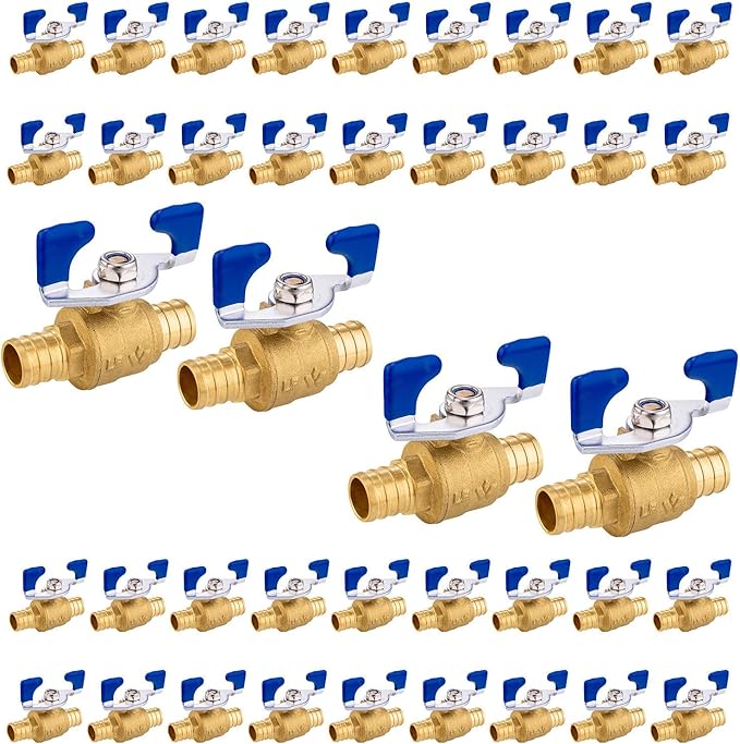 40PCS Foskan 3/4" PEX Crimp Ball Valve, Brass Full Port Shut-off Valve with Blue Butterfly Handle for Portable Water Poject
