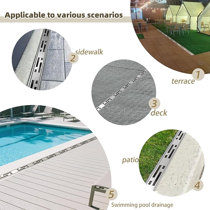 Pool Deck Drain Channel, 2.3" W x 19.6' L, 304 Stainless Steel Channel Drain Outdoor, Deck Drainage System with Coupling, Trench Drain System for Pool Decks, Patios,Walkways, Courtyards, Paver.